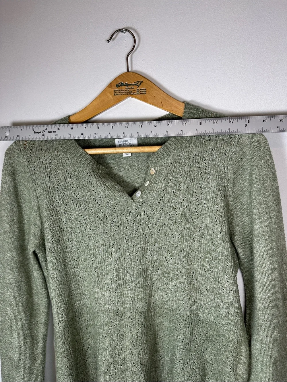 Market & Spruce Henley Sweater Pointelle Knit Size M Sage Green Preppy Fall Cozy